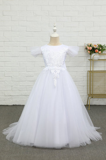 Vestido de menina de flor de chão de tulle branco